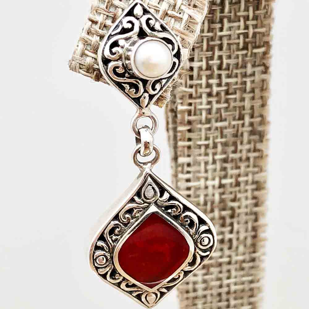 Coral and Pearl dangle pierced Sterling Silver Earrings