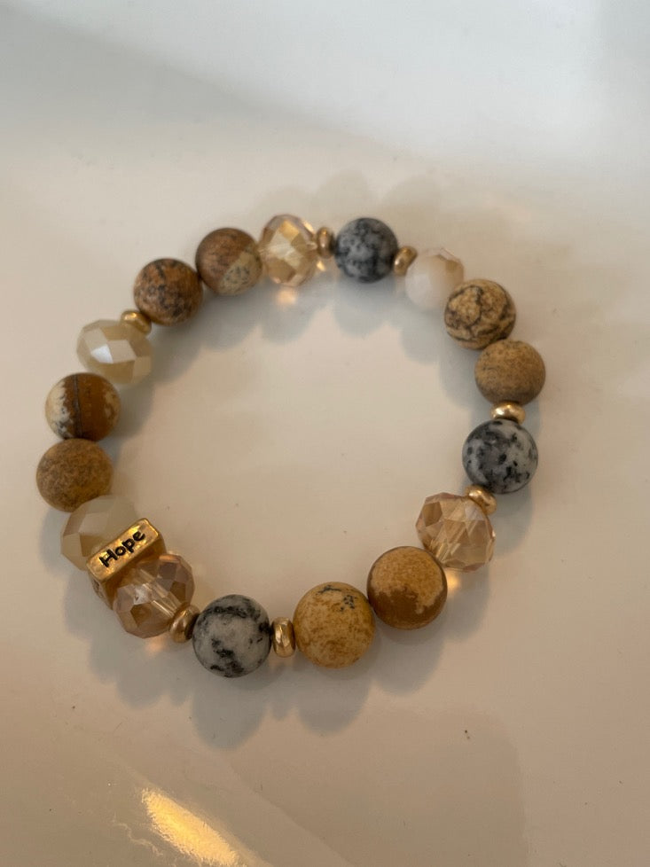 Picture Jasper, Jasper and Glass Bead 10mm stretch Gemstone Bracelet