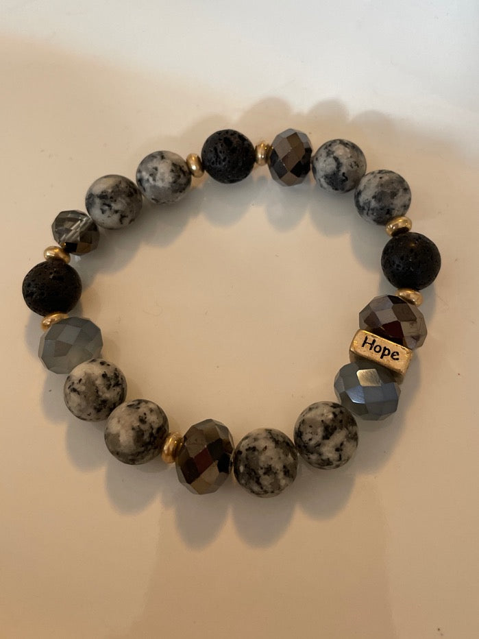 Lava Stone, Jasper and Glass bead Gemstone Bead bracelet, 10mm