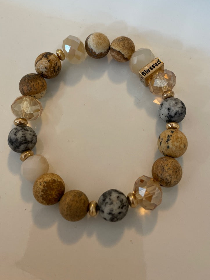 Picture Jasper, Jasper and Glass Bead 10mm stretch Gemstone Bracelet