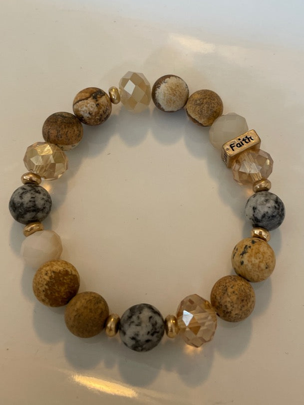 Picture Jasper, Jasper and Glass Bead 10mm stretch Gemstone Bracelet
