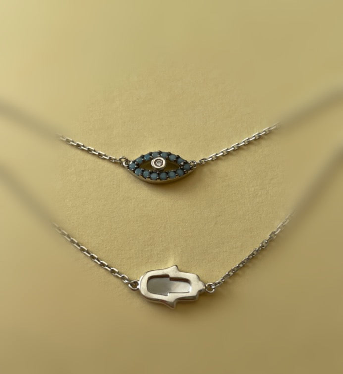 Sterling Silver 925 Rhodium Plated Hamsa Hand and Evil Eye Necklace