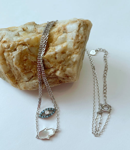 Sterling Silver 925 Rhodium Plated Hamsa Hand and Evil Eye Necklace