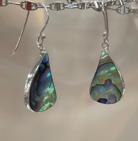 Abalone Sterling Silver pierced drop earrings. The abalone is genuine, bluey blue with green. Will match anything. The shape is like that of an oblong tear drop, very unique..