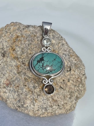 Turquoise, Smokey Topaz and Quartz Sterling Silver Pendant