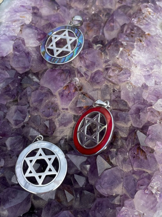 Sterling Silver Star of David Pendant with either Abalone, Mother of Pearl or Red Coral