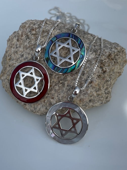 Sterling Silver Star of David Pendant with either Abalone, Mother of Pearl or Red Coral