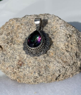 Genuine Mystic Topaz Sterling Silver Tear Drop Pendant