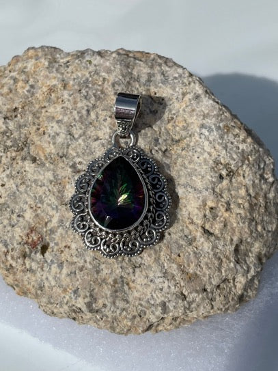 Genuine Mystic Topaz Sterling Silver Tear Drop Pendant