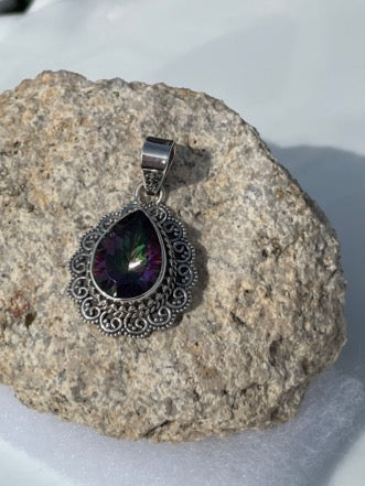 Genuine Mystic Topaz Sterling Silver Tear Drop Pendant