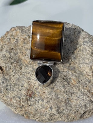 Square Tiger-eye and teardrop Smoky Quartz 1.5" Pendant set in Sterling Silver - one of a kind