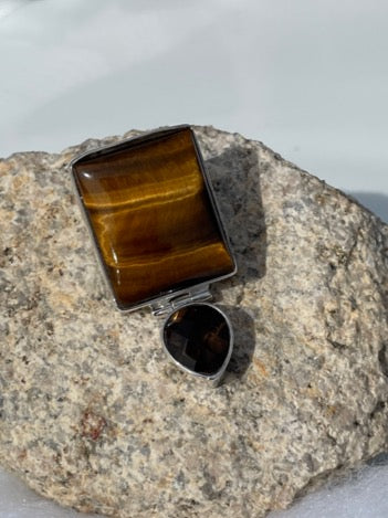 Square Tiger-eye and teardrop Smoky Quartz 1.5" Pendant set in Sterling Silver - one of a kind