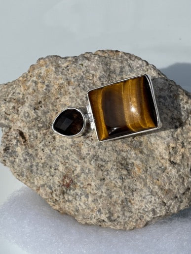 Square Tiger-eye and teardrop Smoky Quartz 1.5" Pendant set in Sterling Silver - one of a kind