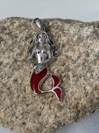 Coral and Sterling Silver Mermaid Pendant