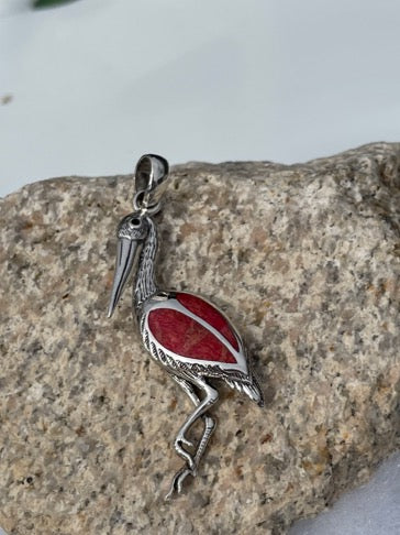 Sterling Silver and Coral Stork Pendant