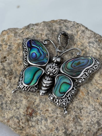 Abalone and Sterling Silver Butterfly Pendant