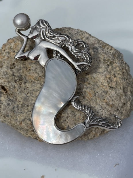 Mermaid Pendant/Brooch-Sterling Silver with Abalone, Mother of Pearl or Red Coral