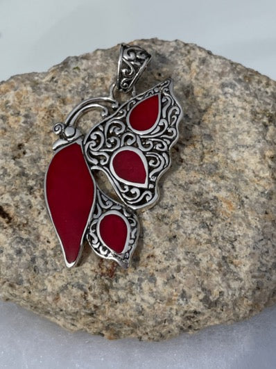 Sterling Silver Abalone or Mother of Pearl or Red Coral Butterfly Pendant