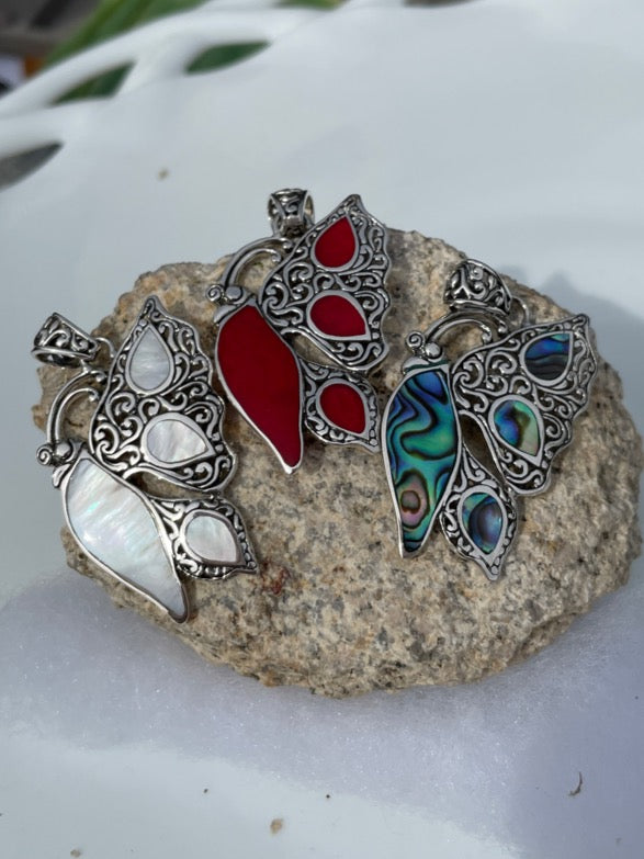 Sterling Silver Abalone or Mother of Pearl or Red Coral Butterfly Pendant