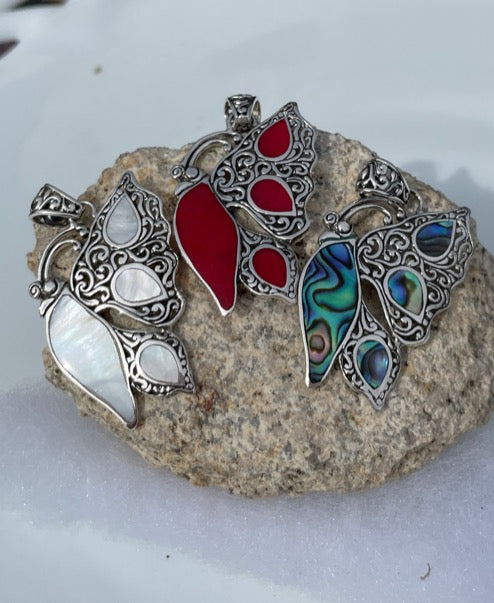 Sterling Silver Abalone or Mother of Pearl or Red Coral Butterfly Pendant
