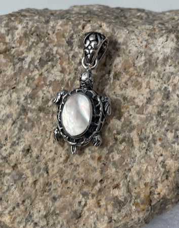Small Sterling Silver Turtle Pendant set with either Mother-of-Pearl or Red Coral