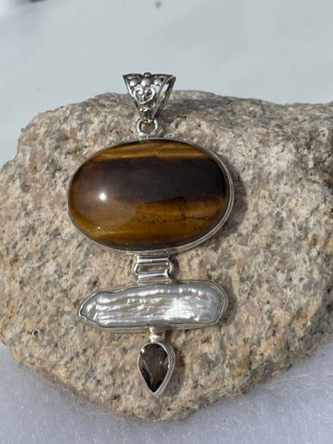 Tiger-eye, Bewa Pearl and Smokey Quartz Pendant - one of a kind