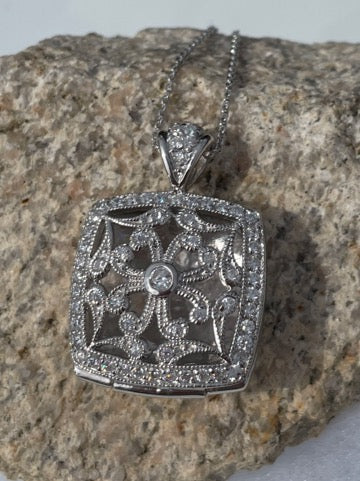 Sterling Silver Locket with Cubic Zirconia (CZ) Square shape