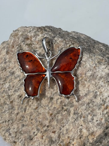 Sterling Silver Cognac Amber Butterfly Pendant