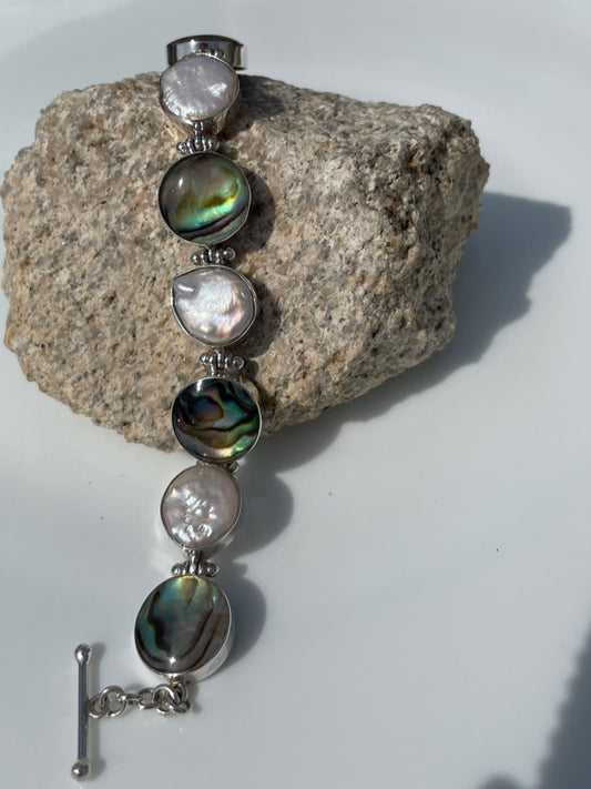 Silver Abalone and Mother-of-Pearl Bracelet Adjustable