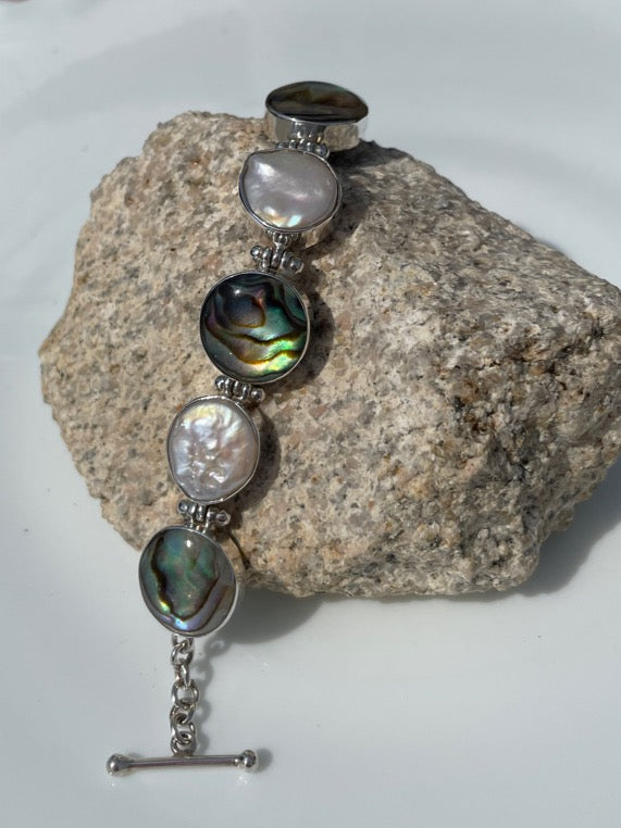 Silver Abalone and Mother-of-Pearl Bracelet Adjustable