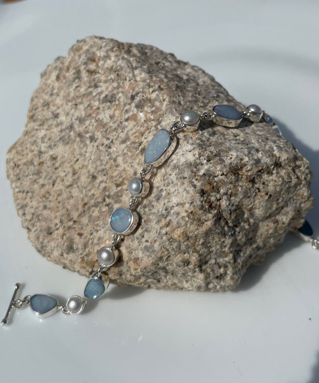 Opal and Pearl Sterling Silver Toggle Bracelet