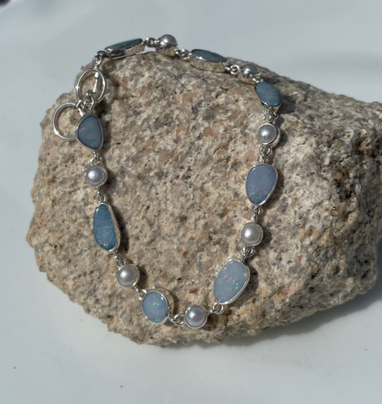 Opal and Pearl Sterling Silver Toggle Bracelet