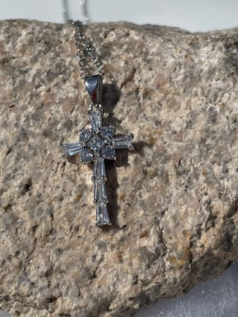 Sterling Silver Rhodium Plated Clear Baguette CZ Cross Pendant Necklace