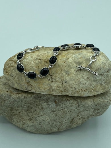 Oval Onyx Silver Bracelet-cabochon Set in Sterling Silver one of a kind
