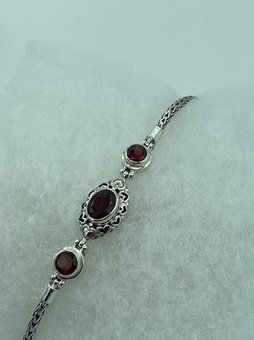 Garnet Sterling Silver Bracelet 7"-7.5"