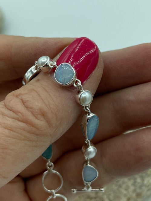 Opal and Pearl Sterling Silver Toggle Bracelet