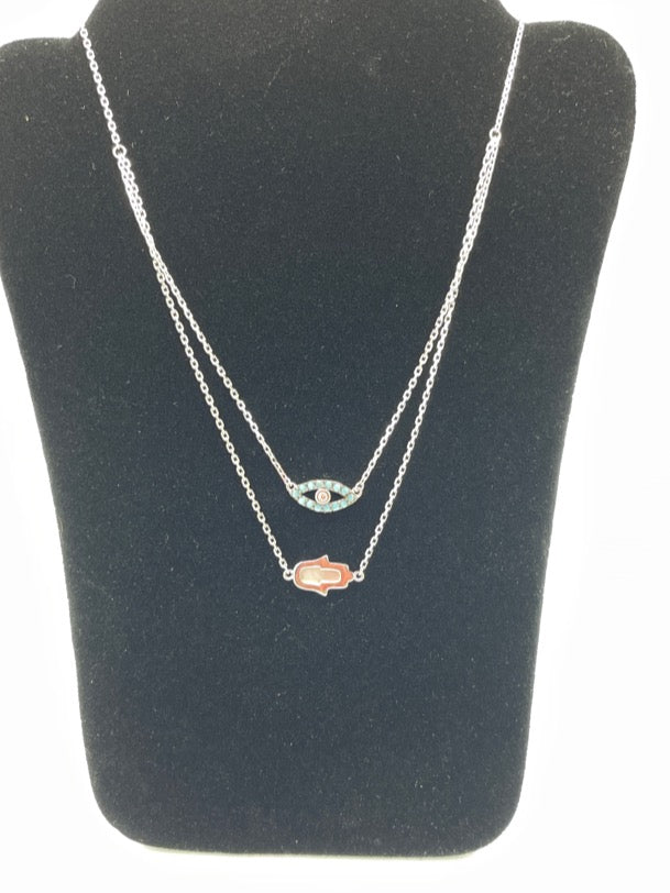 Sterling Silver 925 Rhodium Plated Hamsa Hand and Evil Eye Necklace