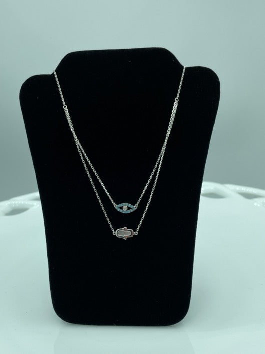 Sterling Silver 925 Rhodium Plated Hamsa Hand and Evil Eye Necklace