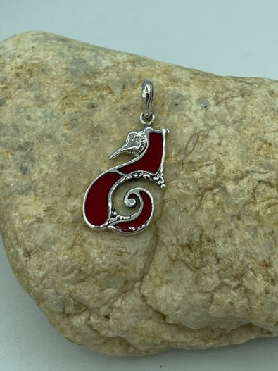 Coral and Sterling Silver Sea Horse Pendant