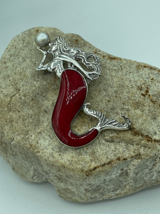 Mermaid Pendant/Brooch-Sterling Silver with Abalone, Mother of Pearl or Red Coral