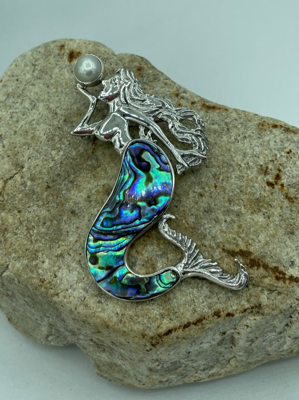 Mermaid Pendant/Brooch-Sterling Silver with Abalone, Mother of Pearl or Red Coral