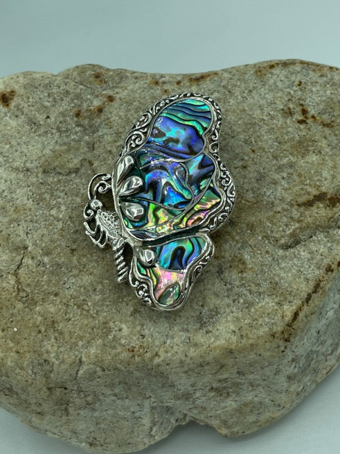 Large Butterfly Sterling Silver Pendant which can also be worn as a Brooch or a Pin - Available in Inlaid Mother-of-Pearl or Inlaid Abalone