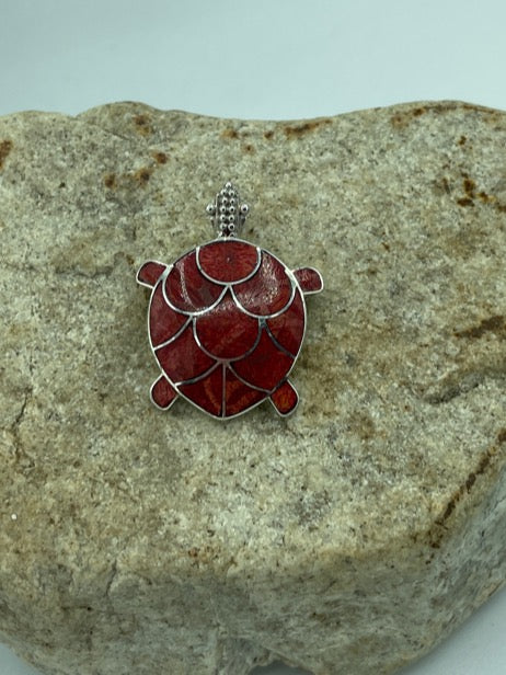 Sterling Silver Turtle Pendant / Pin or Brooch - Coral