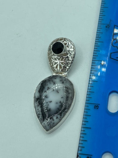 Dendritic opal and Onyx Sterling Silver Pendant