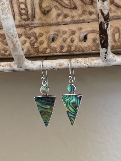 Abalone sterling silver drop pierced earrings. Two pieces of abalone, a round small circle on top of an upside down triangle. The earrings hang a bit over 1".