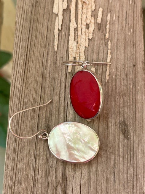 Double Sided Sterling Silver Earrings - Mother of Pearl or Red Coral