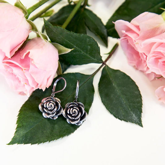 Designer Stainless Steel Rose Earrings, pierced with a Euro clasp. Will not tarnish. Will not dent.