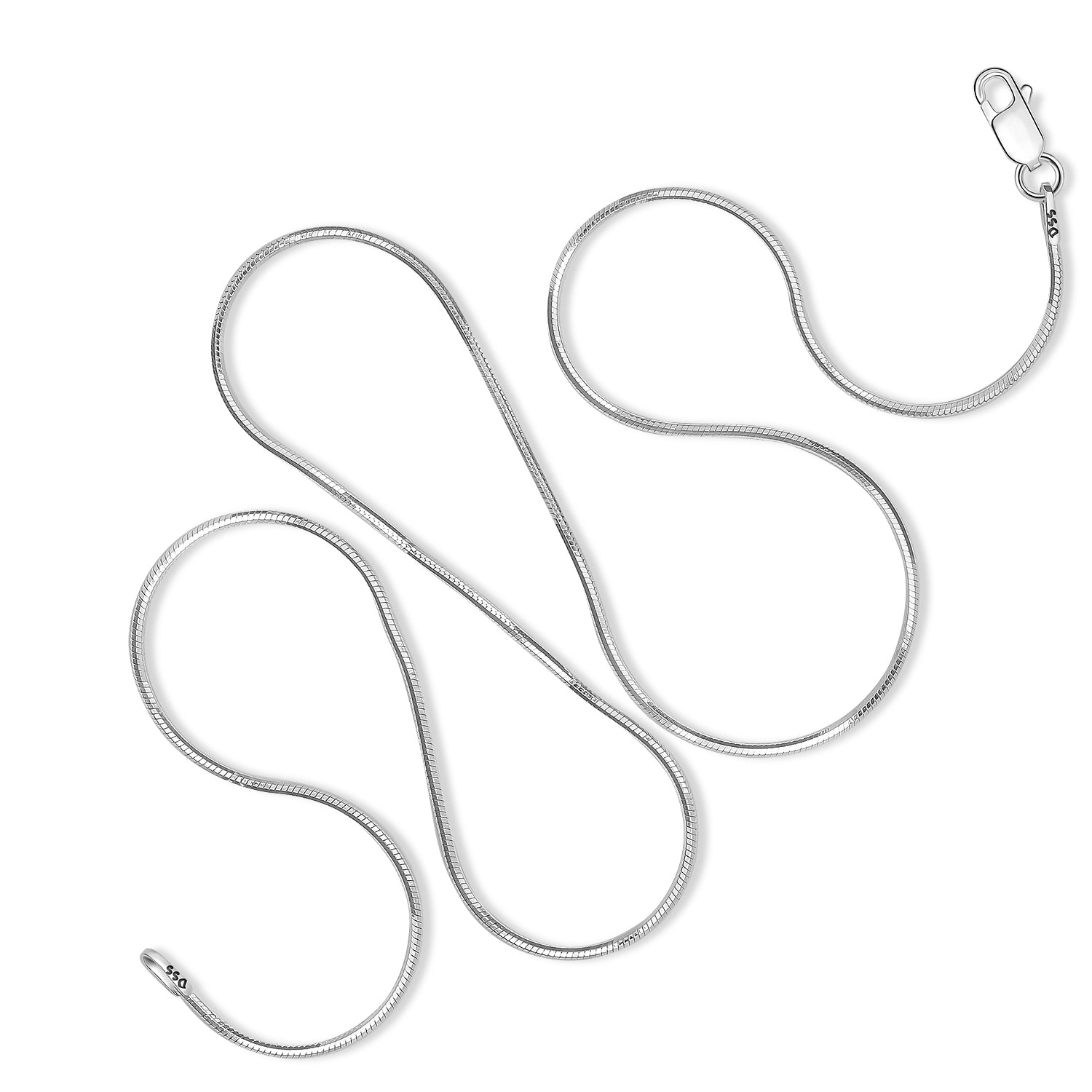 1MM MAGIC Sterling Silver 8 Sided Snake Chain with Lobster Claw Clasp 16"-30". This is a good chain for pendants and certainly lovely alone but we do not recommend for sleeping.