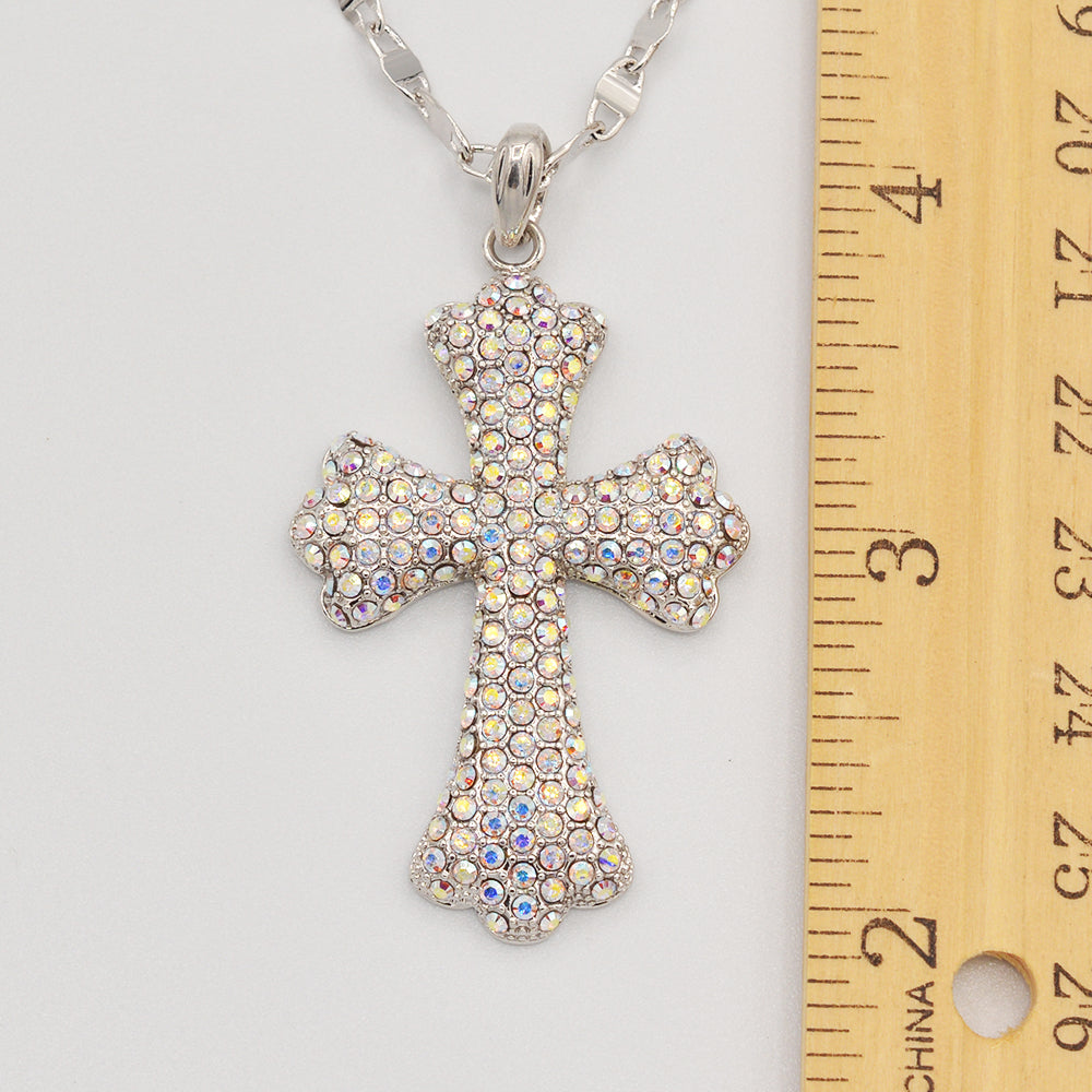 Aurora Borealis Crystal Pave' Cross-Rhodium Plated