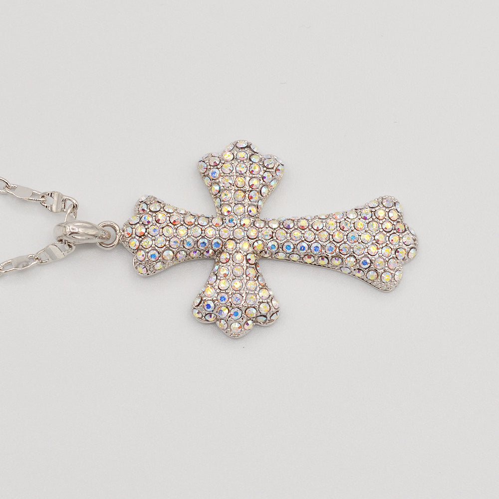 Aurora Borealis Crystal Pave' Cross-Rhodium Plated